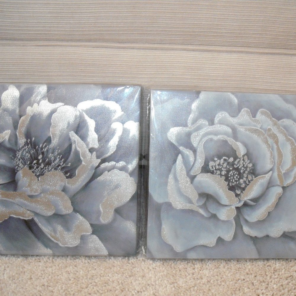 New Contemporary Pair of Blue and Silver Floral Canvas Pictures Wall Art 8"x 8"